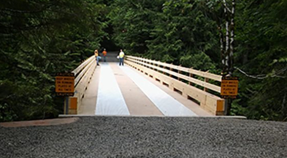 A bridge with two people crossing it.