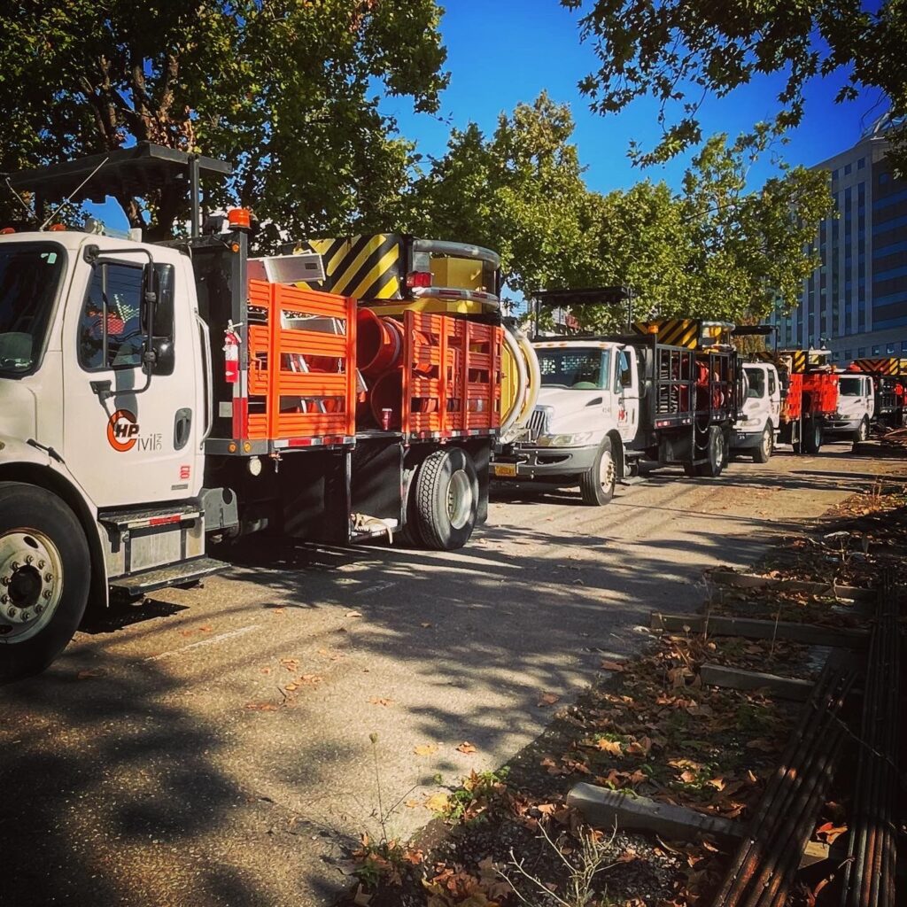 A long rally of big trucks wondering on the street